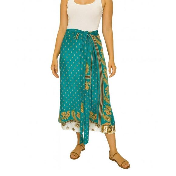 Wrap skirt reversible Satin 2 sided waist tie midi length OSFM BoHo prarie India - Picture 1 of 7
